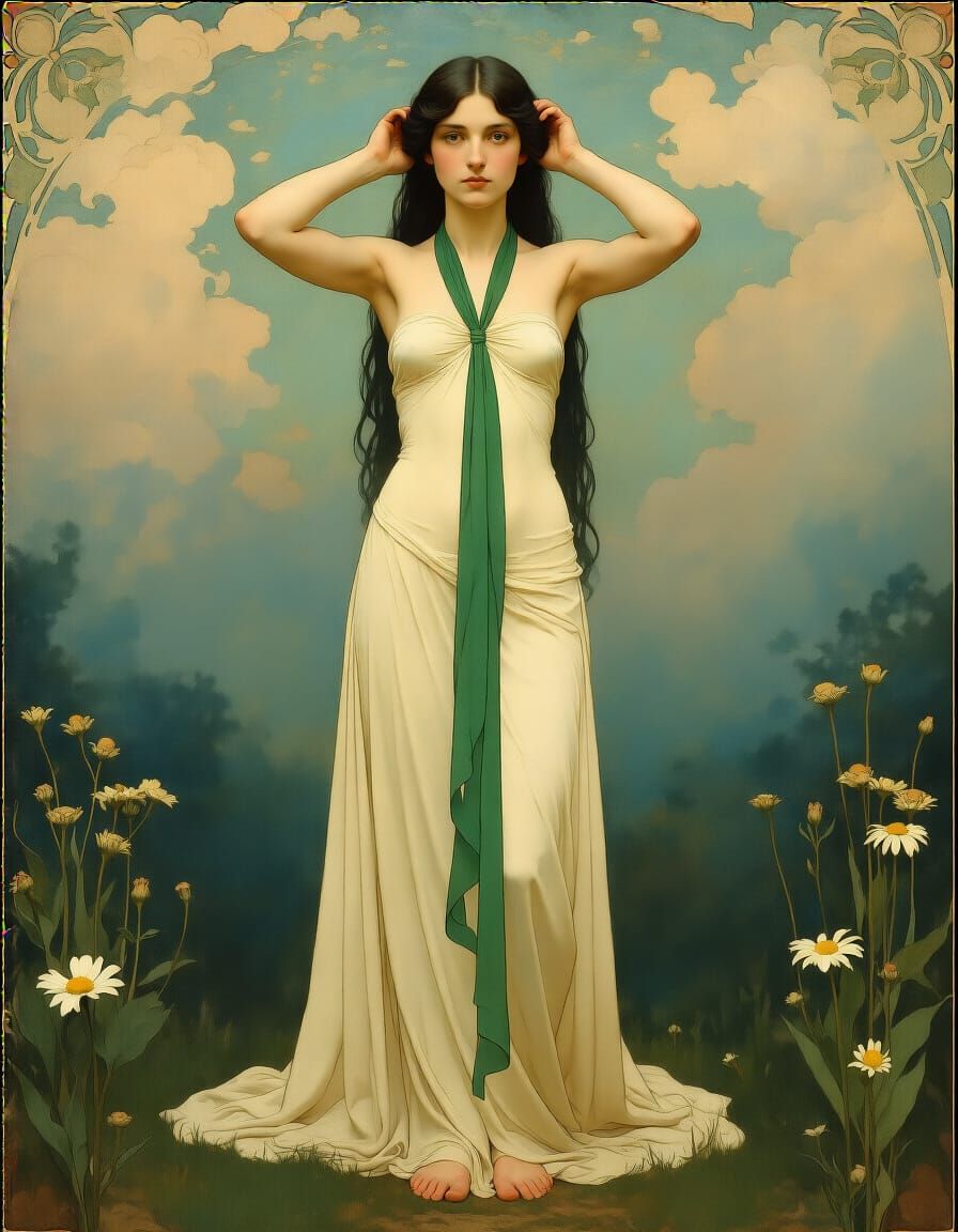 Woman with Green Ribbon in Tonalist Oil Painting Style