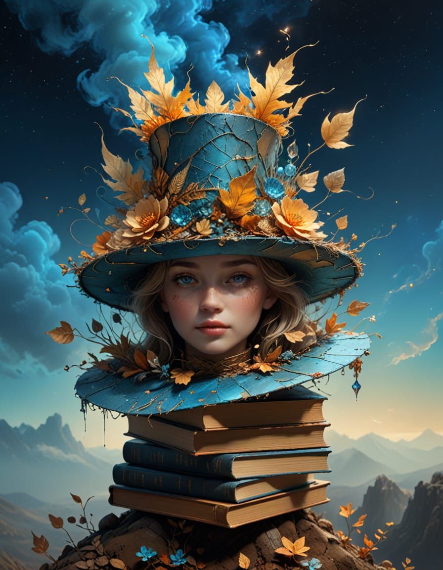Surreal Hat Art: Leaves, Crystal, Books, Clouds