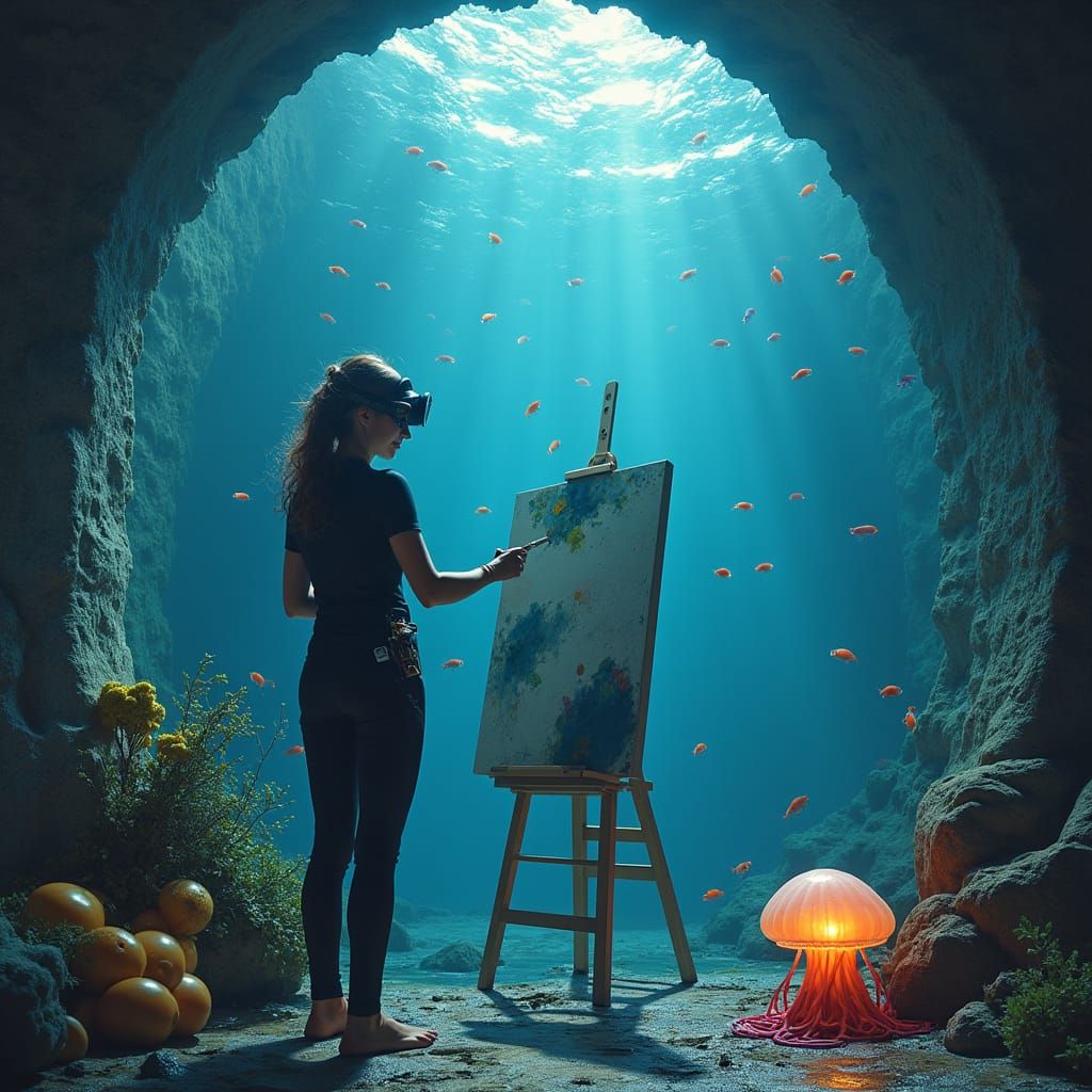 Hyperrealistic Scuba Diver Painting Ocean Depths