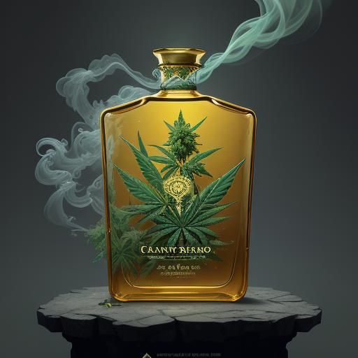 Tequila Bottle with Cannabis Buds: Detailed Matte Painting