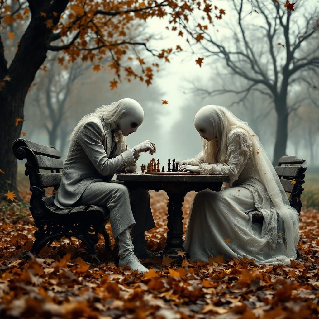 Victorian Ghosts Play Chess in Autumn Park