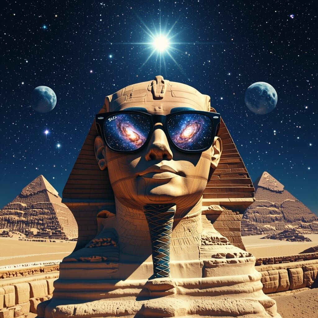 Cosmic Sphinx in Sunglasses: A Surreal Fisheye View
