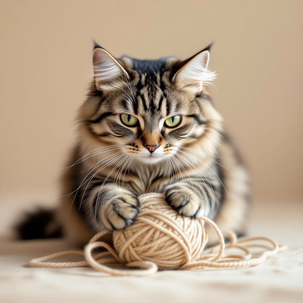 Gray Tabby Cat Plays with Yarn