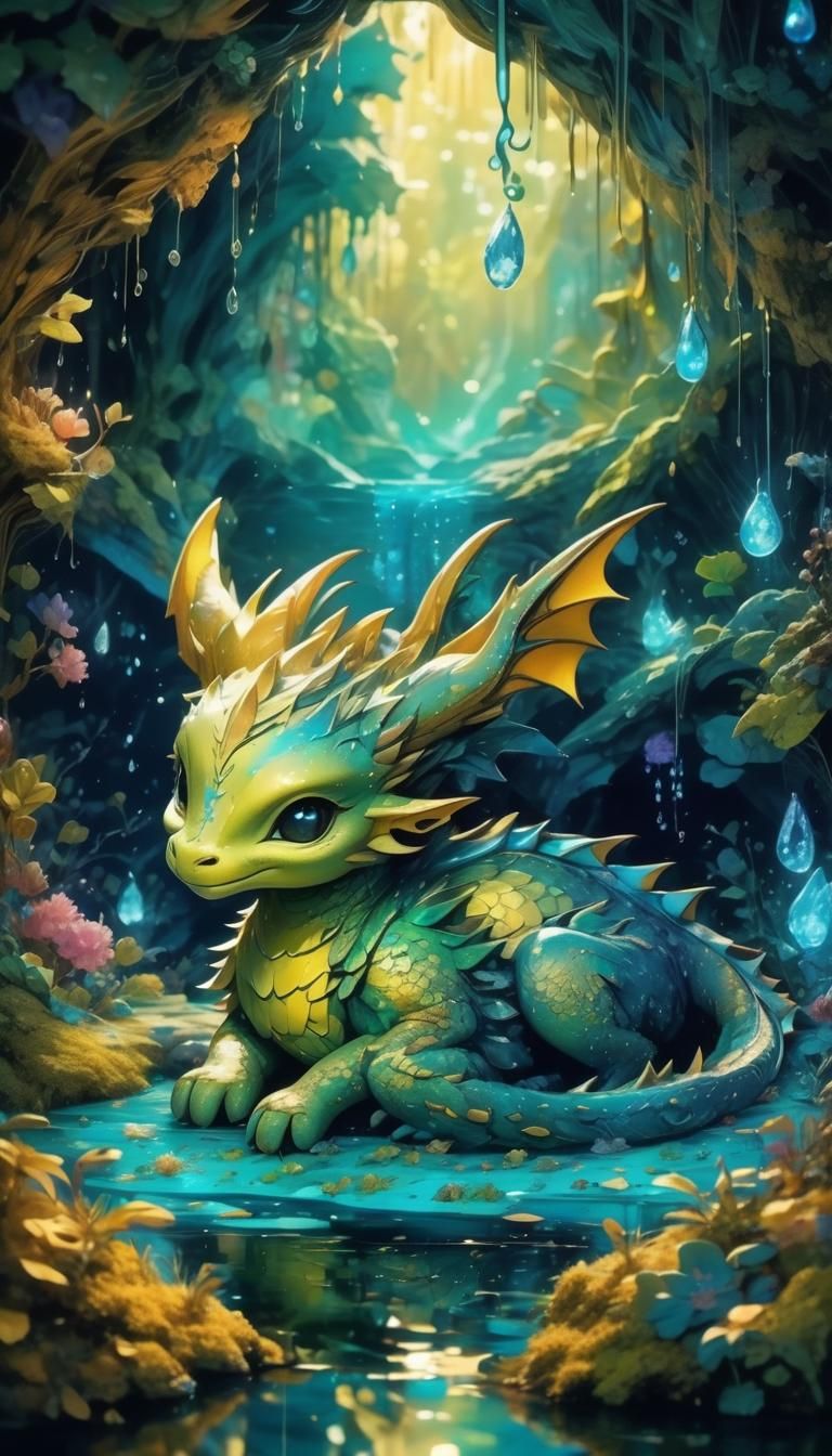 Cute Baby Dragon Sleeping in a Magical Cave