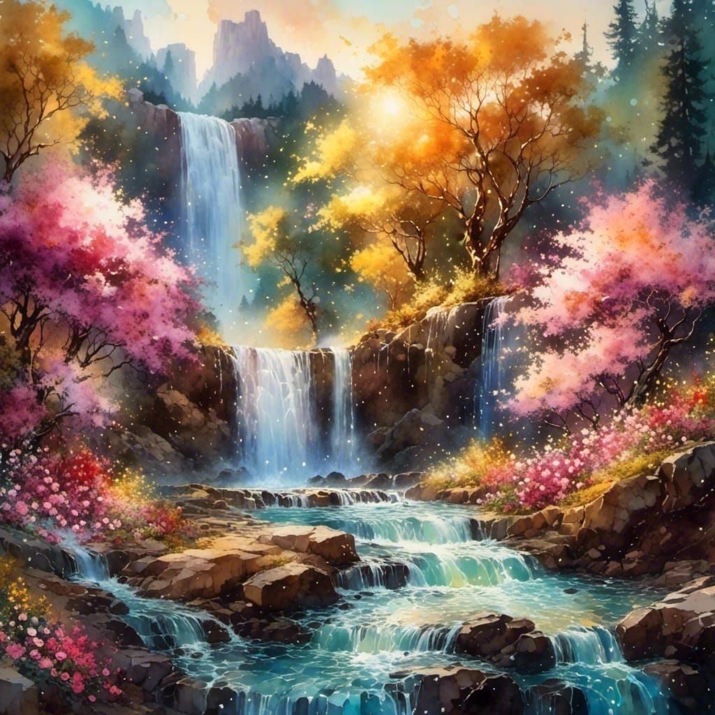 Blooming Waterfall in Golden Hour Cel-Shaded Style