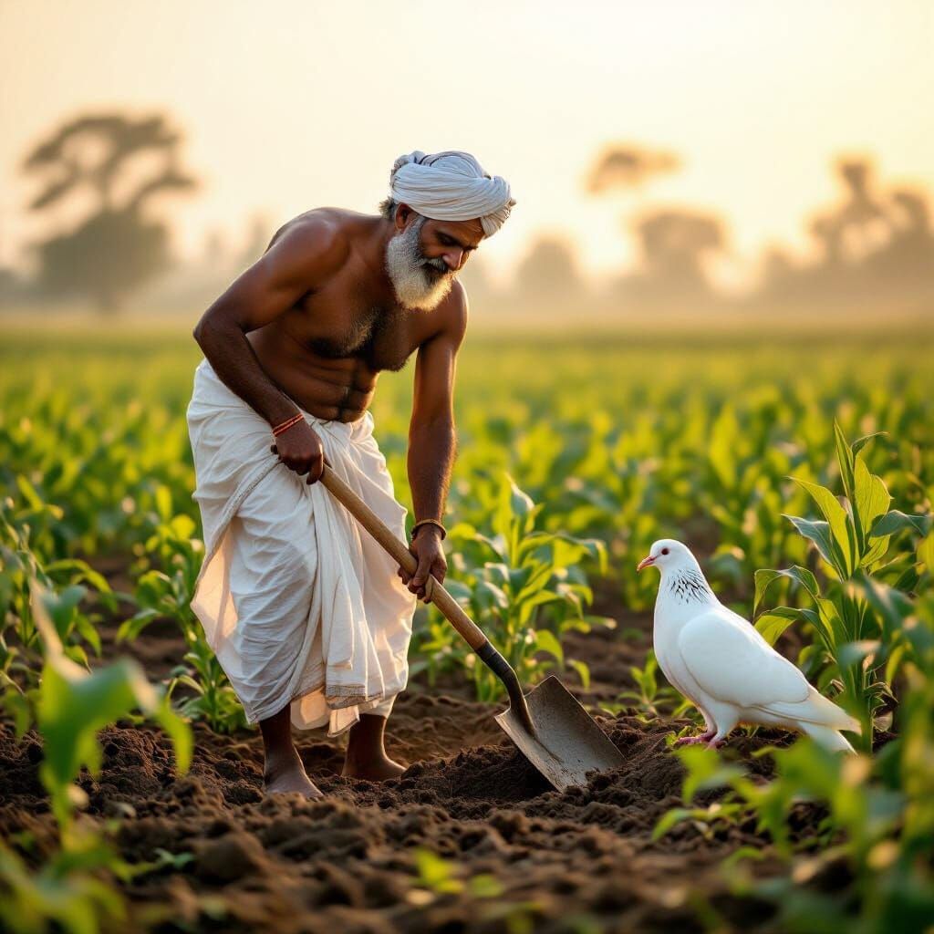 Indian Farmer Digging Rural Farm at Golden Hour