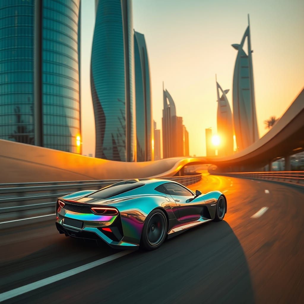 Futuristic Sports Car on Neon Highway in Abu Dhabi