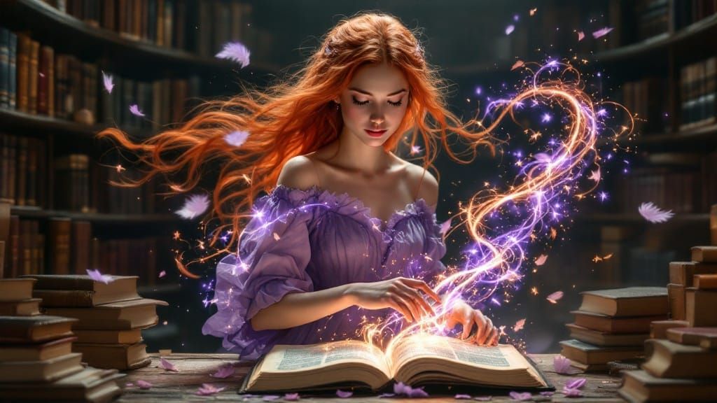 Mystical Sorceress Enveloped by Ancient Tomes and Ethereal L...