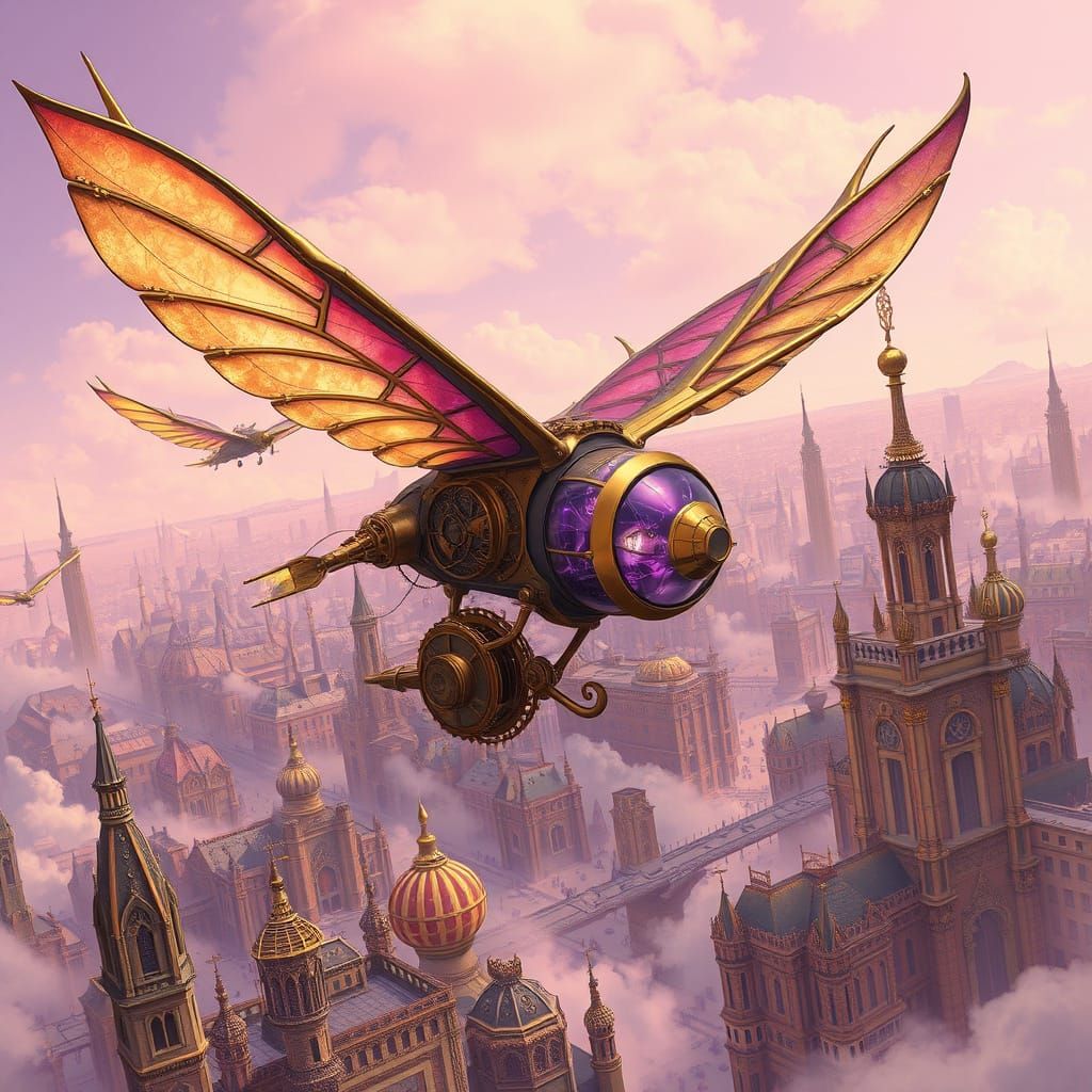 Steampunk Ornithopter Soars in Lavender Sky