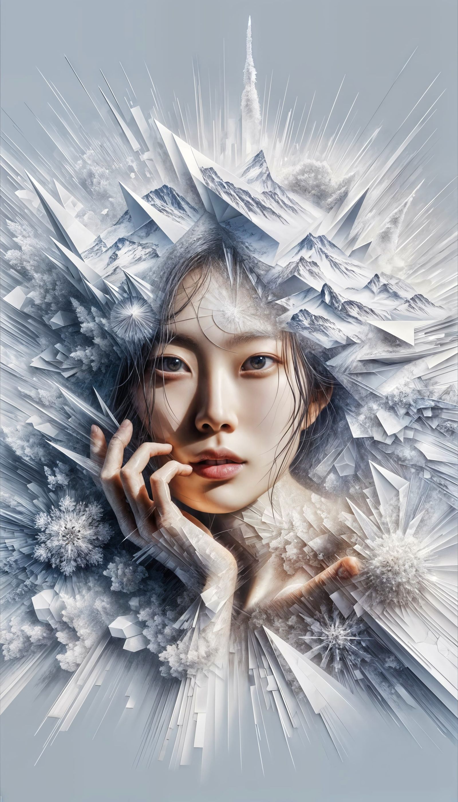 Ethereal Portrait in Exploding Mirror Landscape