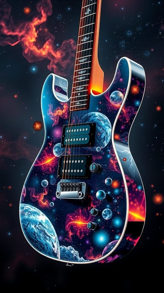 Glass Guitar Double Exposure with Deep Space Scene
