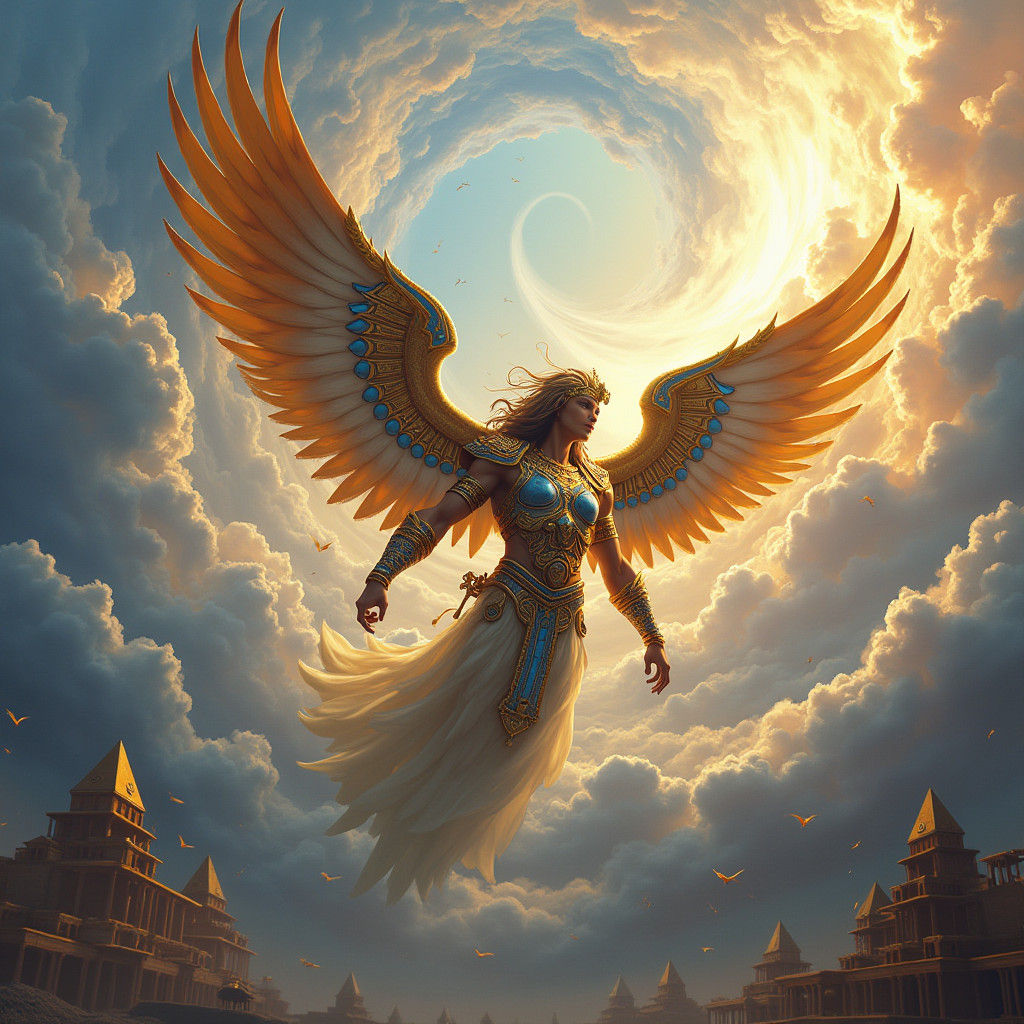 Winged Mesopotamian God Soaring Through Iridescent Clouds