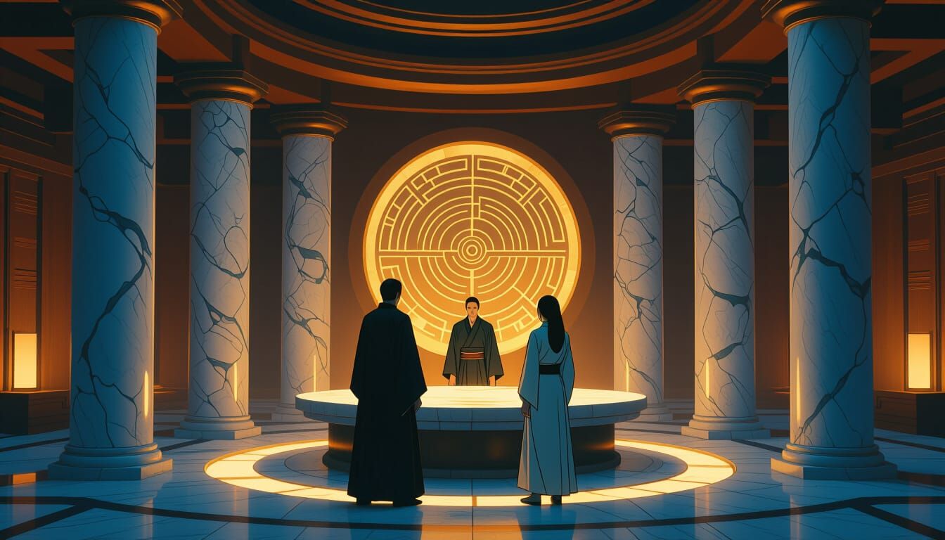 Figures at Night Altar in Futuristic Greco-Roman Style