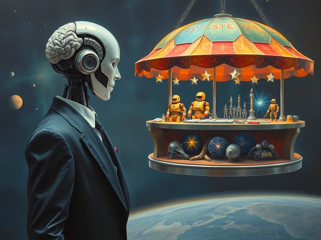 Surreal Market Stall in Space with Robot Buyer