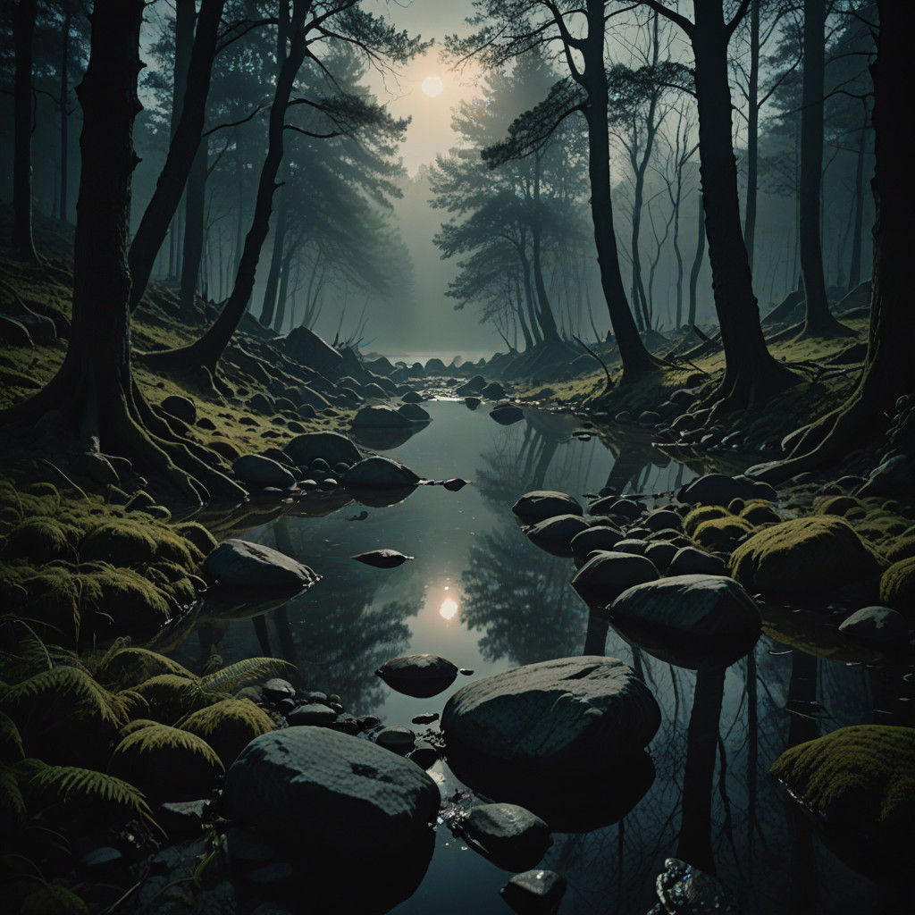 Mystical Lakestone Illuminates Dark Forest in Film Noir Styl...
