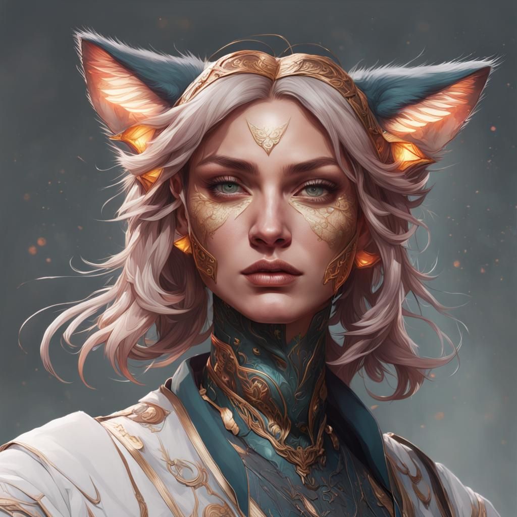 Person Transforms into Cat: Art Nouveau Portrait