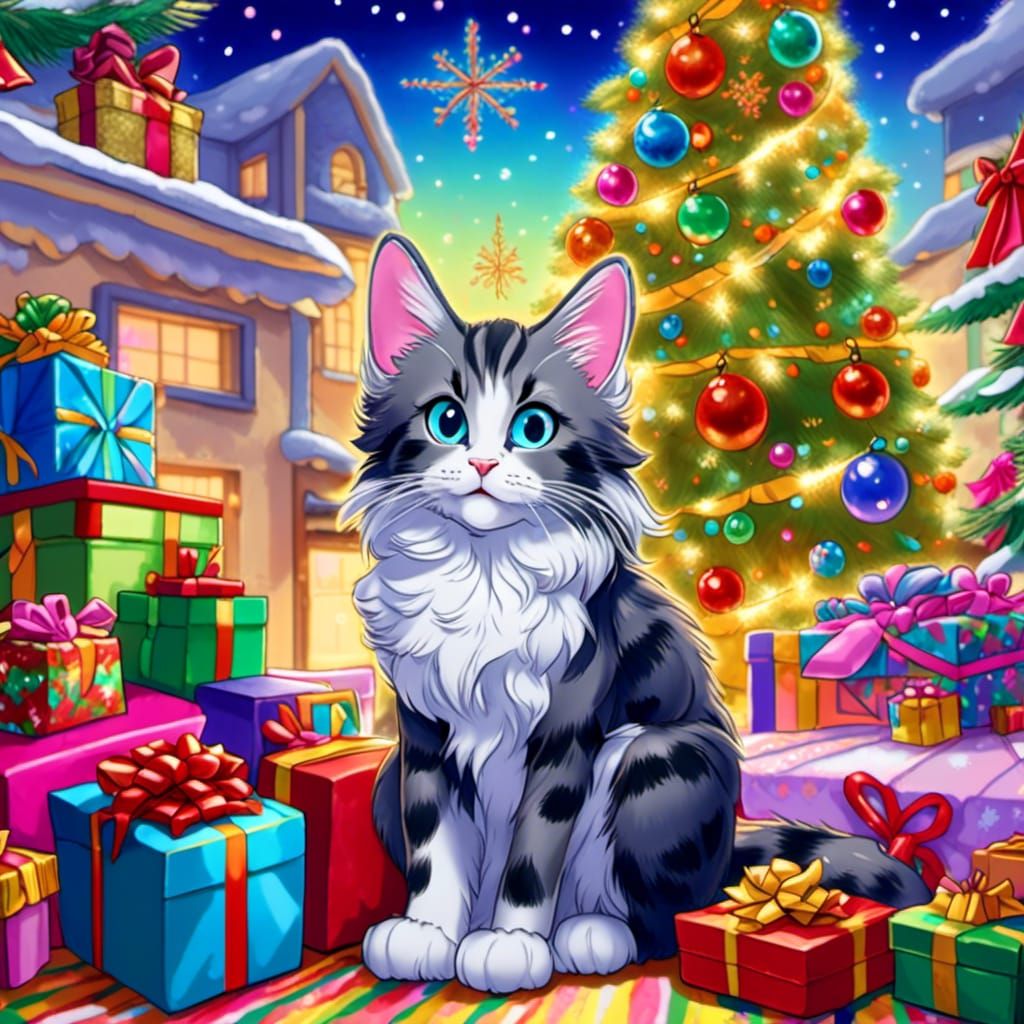 Cat by Christmas Tree in Lisa Frank Style