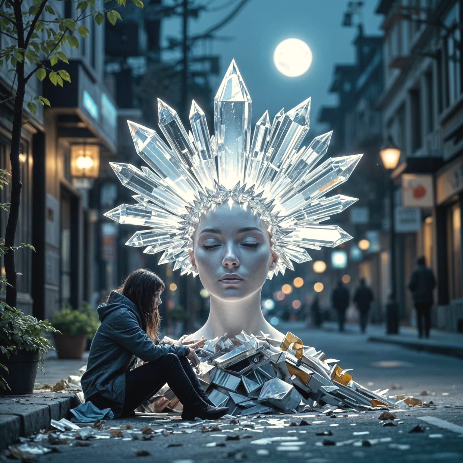 Futuristic Crystal Crown on Homeless Man in Moonlit Ruins