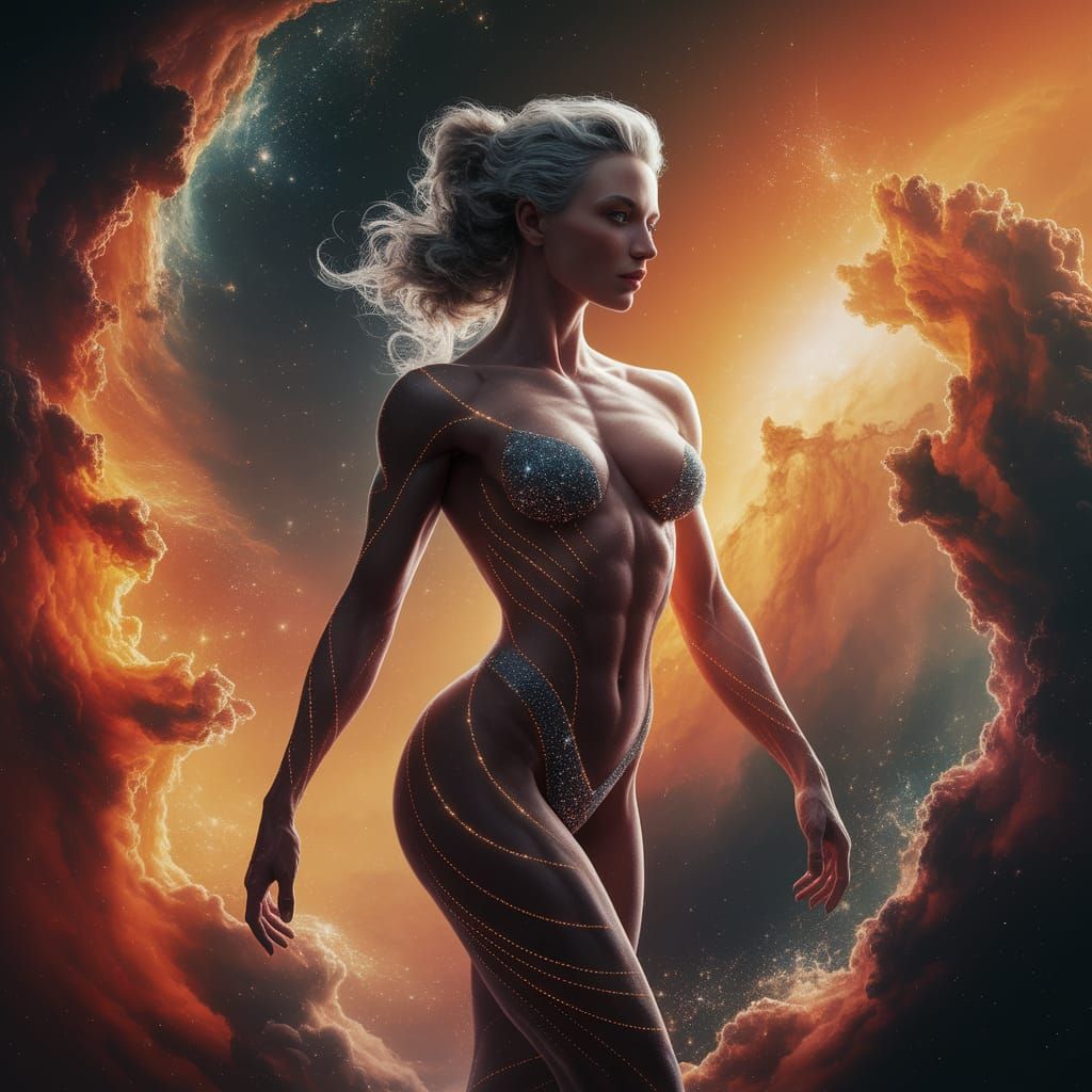 Cosmic Woman: Curvaceous Muscular Figure in Nebula Light