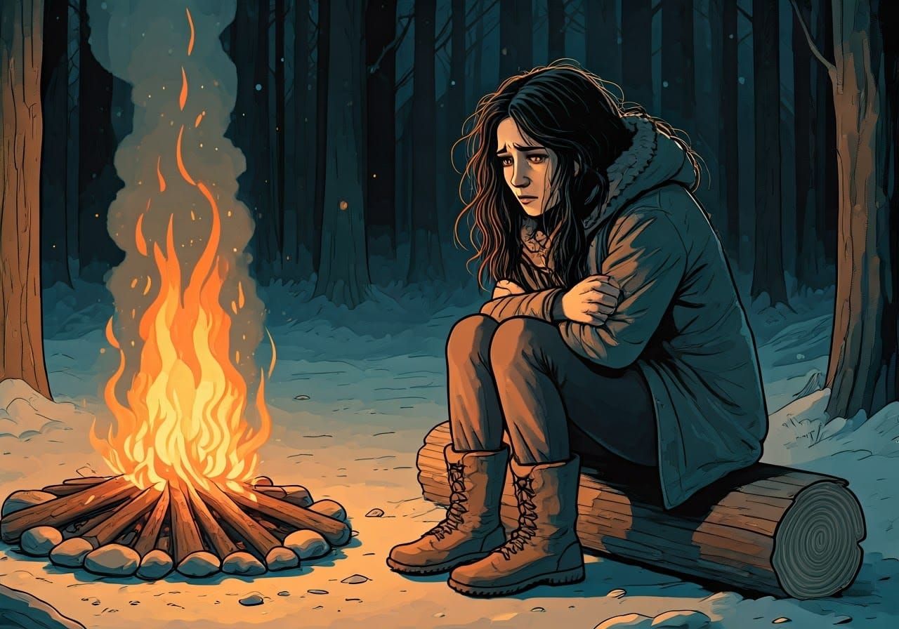 Melancholic Woman by Campfire in Moody Forest