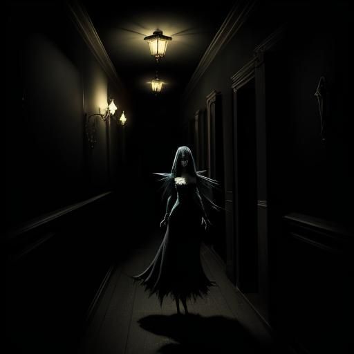 madness smiling fairy woman dark hallway mansion spooky haun...