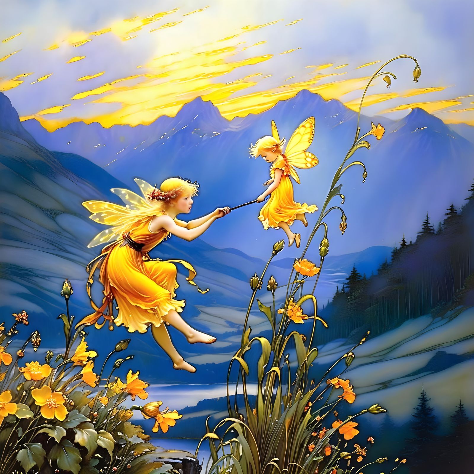 Delicate Fairy Touches Flowers with Wand