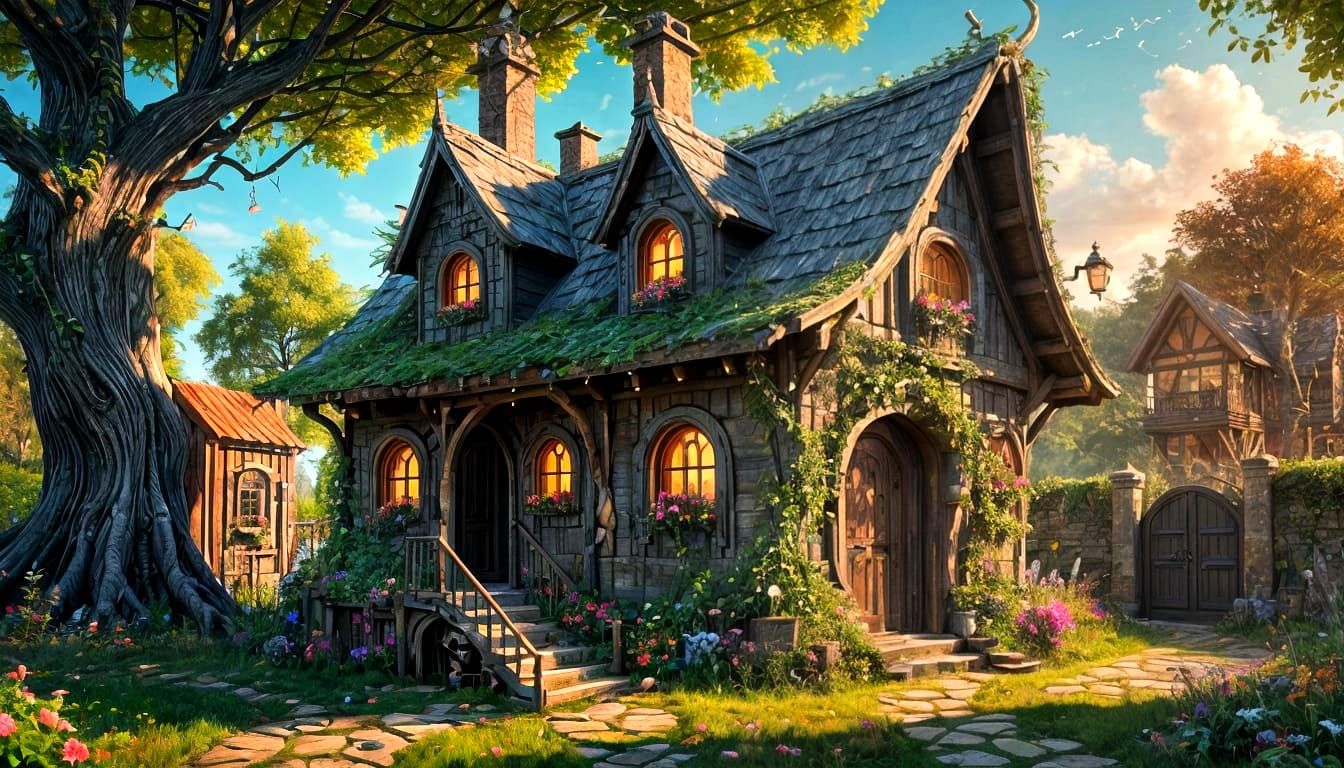 Whimsical Witch Shoe House in Impressionist Style