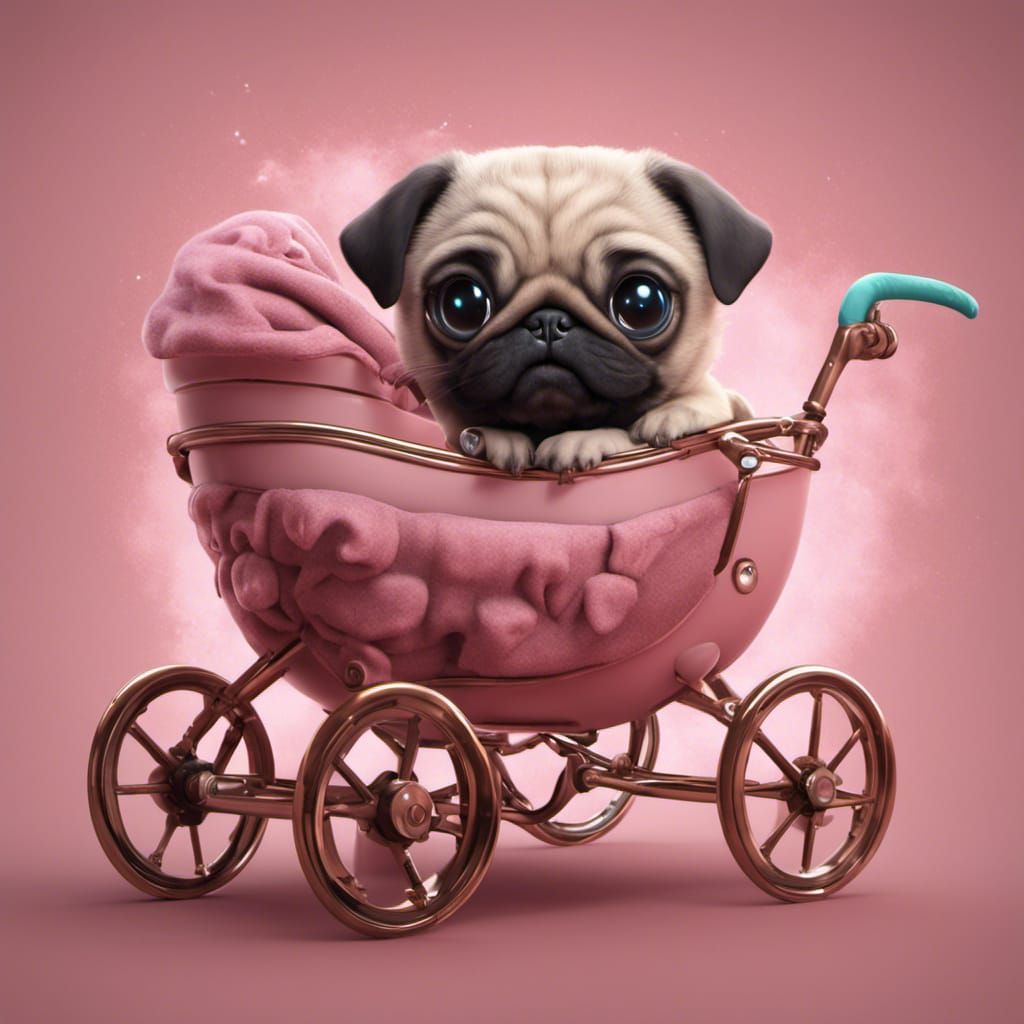 Kawaii Baby Pug in Pram: Detailed Digital Painting