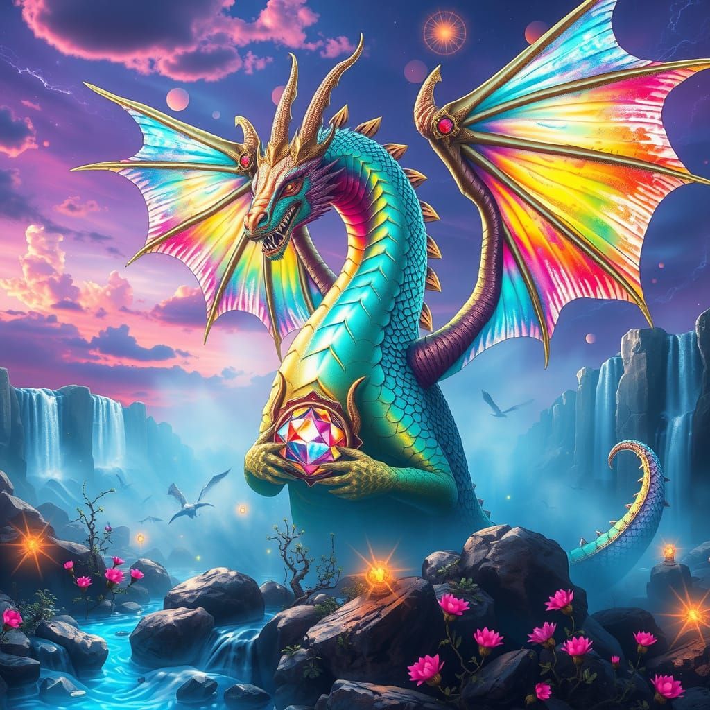 Rainbow Dragon in a Fantastical Landscape