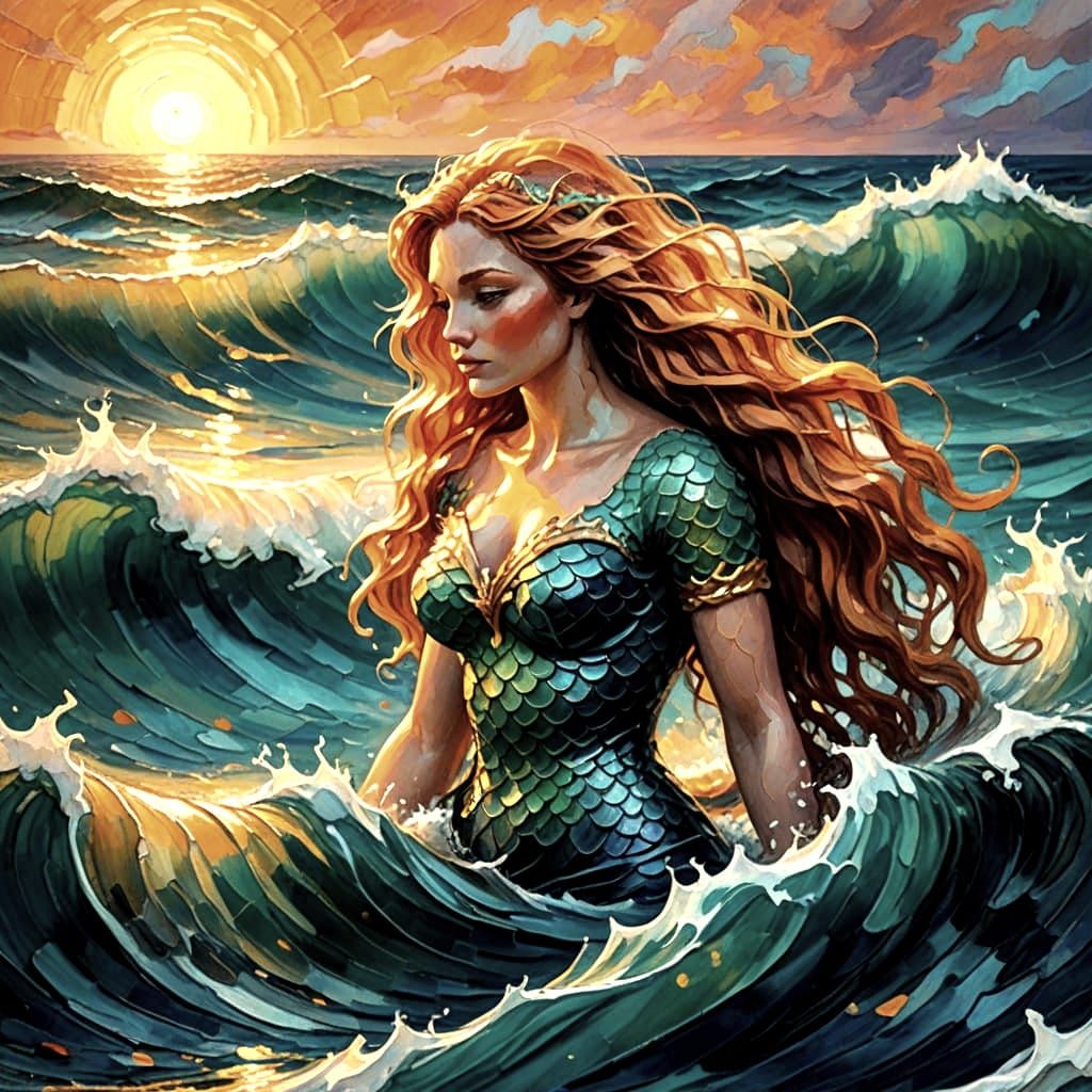 Mermaid in Stormy Sea at Sunset, Impasto Oil Painting