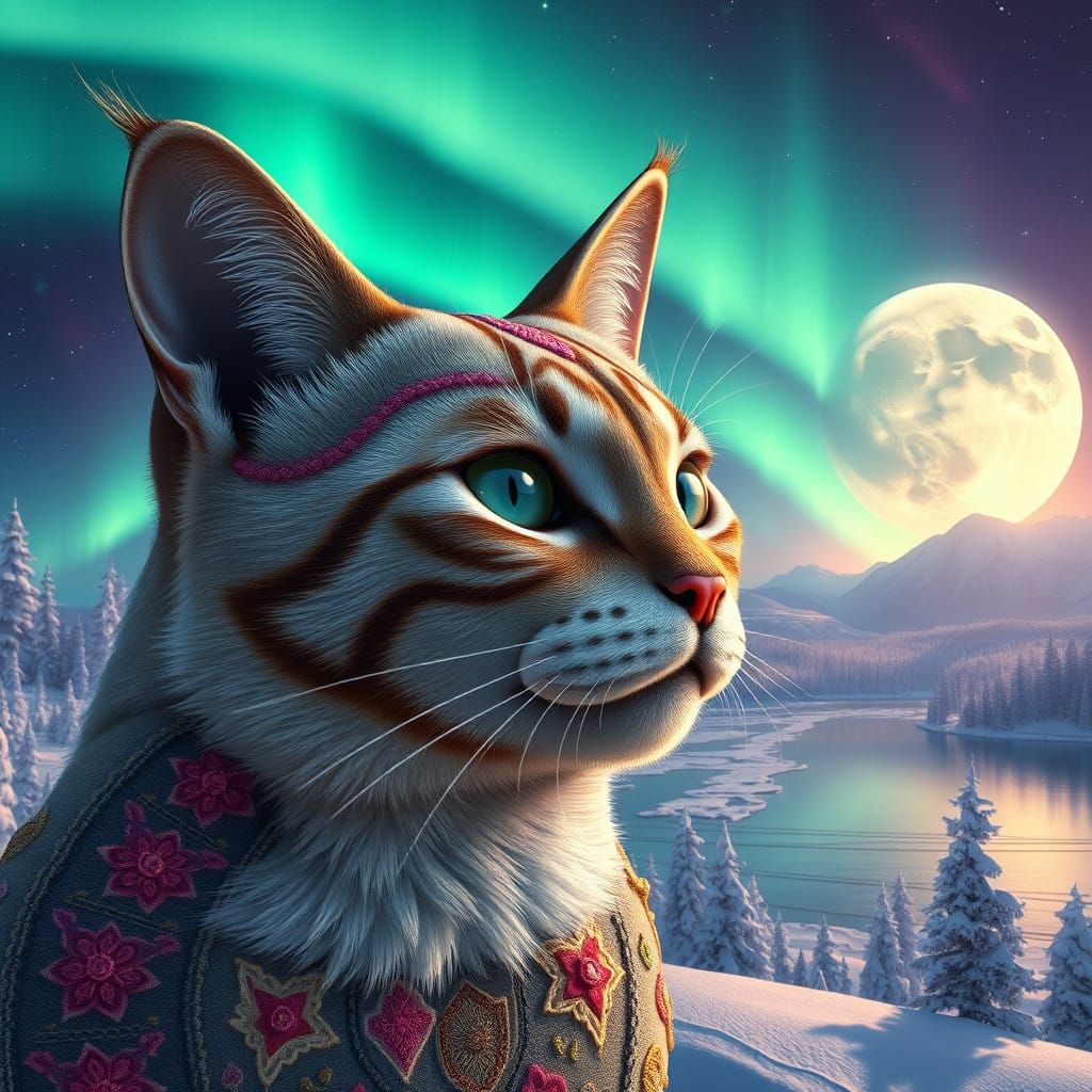 Surreal Cat Illuminated by Vibrant Aurora Borealis in Cyberp...