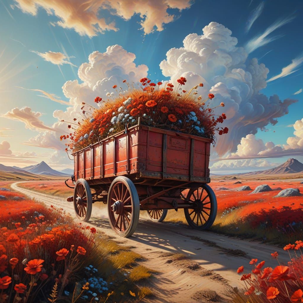Surreal Oil Painting of a Dreamlike Red Wagon in a Pastel Me...