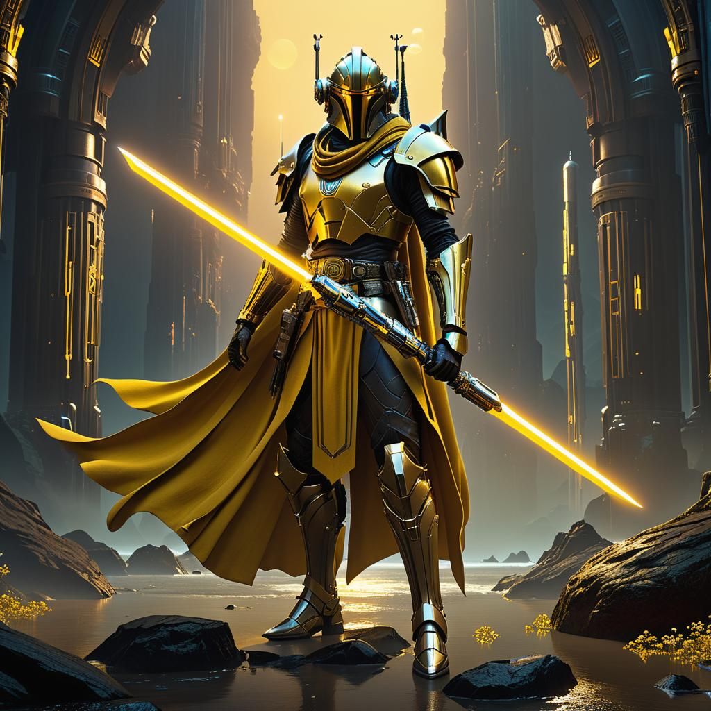 Trandoshan Jedi Sentinel in Cybernetic Armor Wields Yellow P...