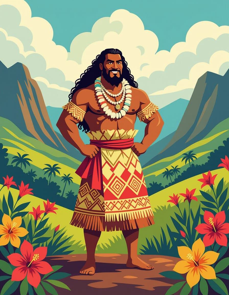 King Kamehameha Portrait in Earle-Inspired Hawaiian Landscap...