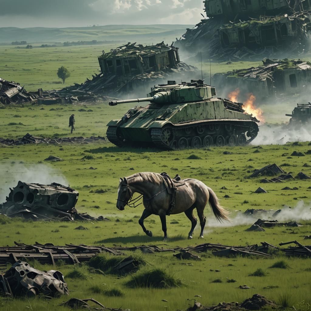 Horse Walks Past Destroyed Tank: Digital Matte Painting