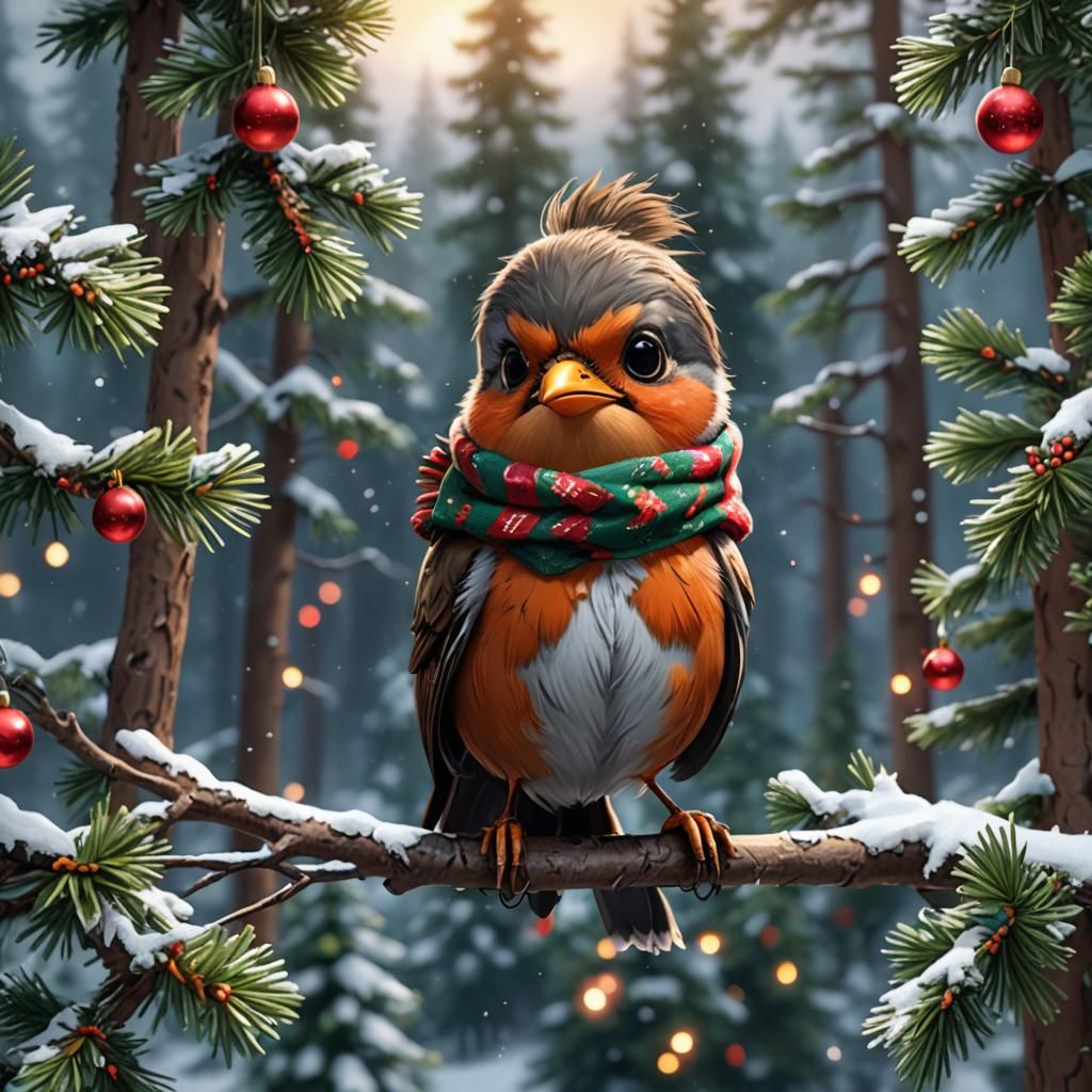 Festive Chibi Robin in Winter Scene