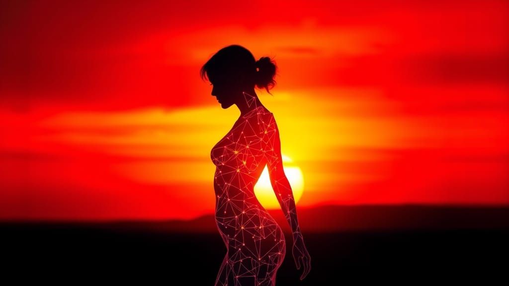 Vibrant Neon Woman in Sunset Silhouette
