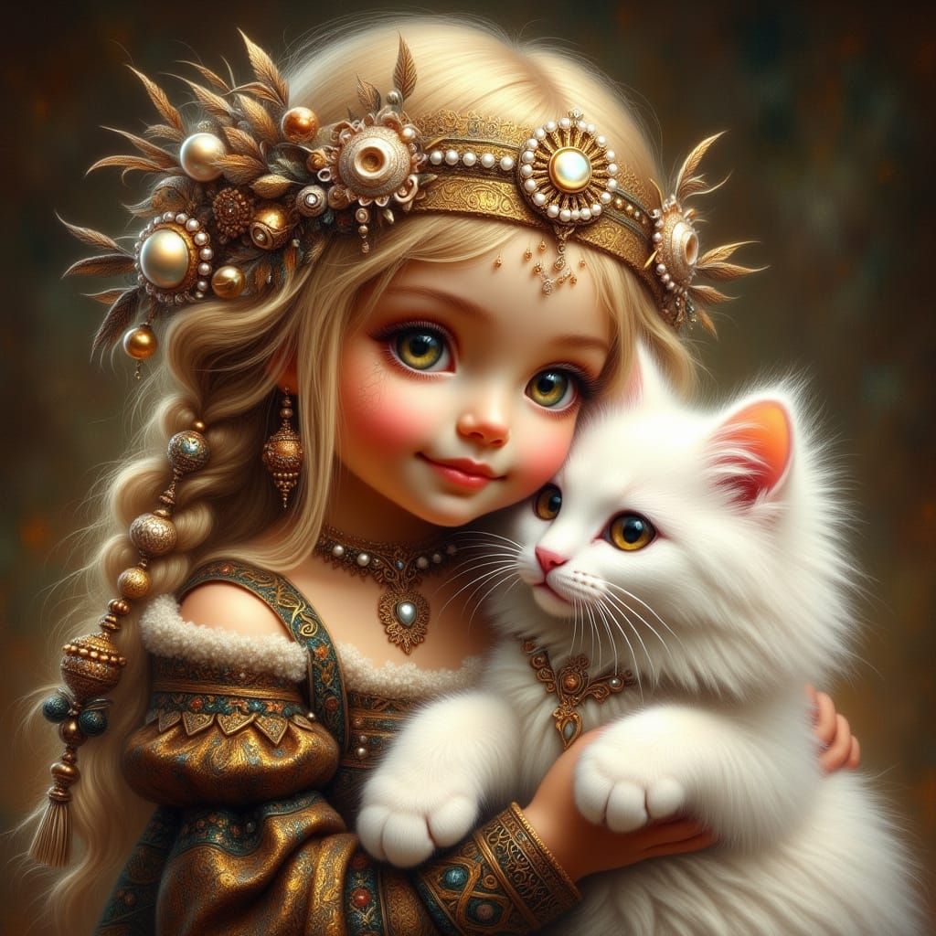 Toddler Girl Holds White Cat in Richly Detailed Scene