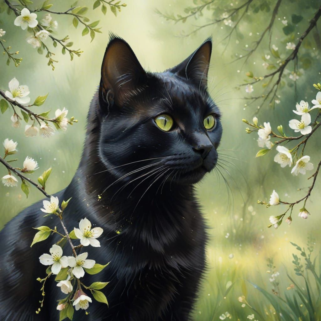 Black Cat in Blossom Crown Watercolor Painting