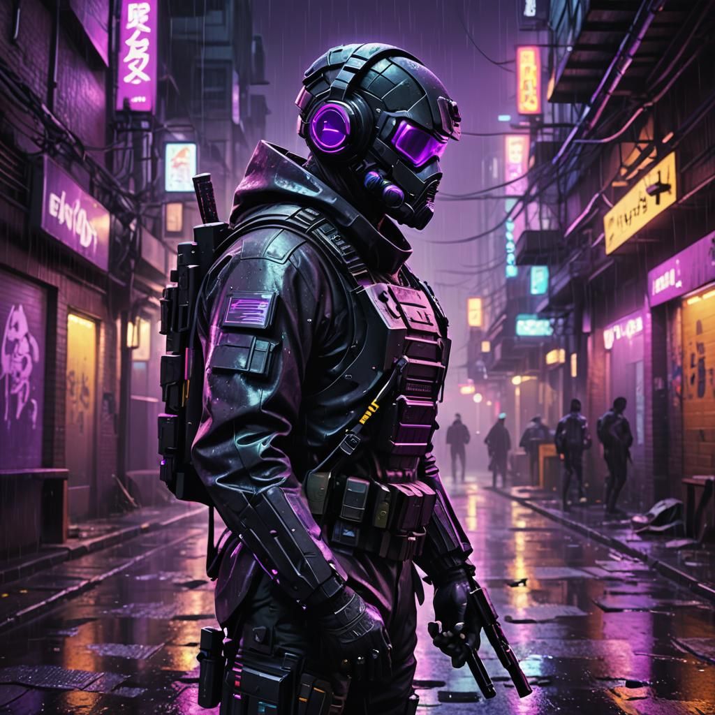 Cyberpunk Sniper in Rainy Alleyway