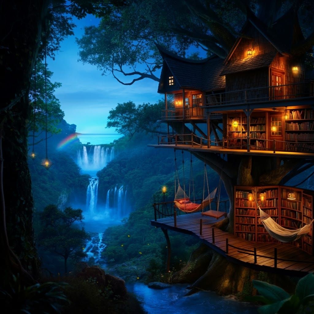 Whimsical Treehouse Oasis Under Starry Night Sky
