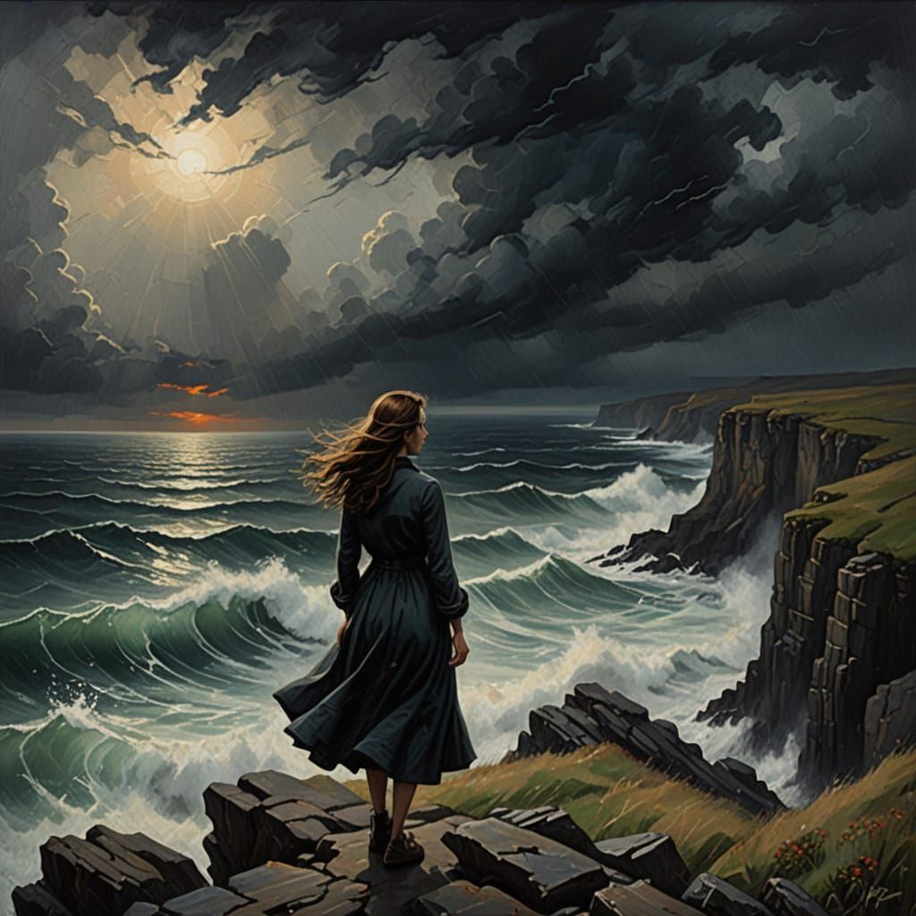 Woman on Cliff Overlooking Sea in Expressionist Style