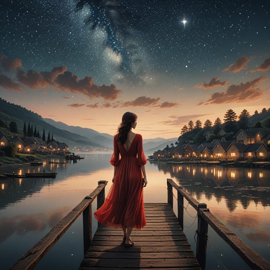 Ethereal Village Night: A Woman's Serene Moment