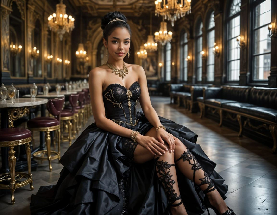 Gothic Chic Woman in Cafeteria with Golden Jewelry