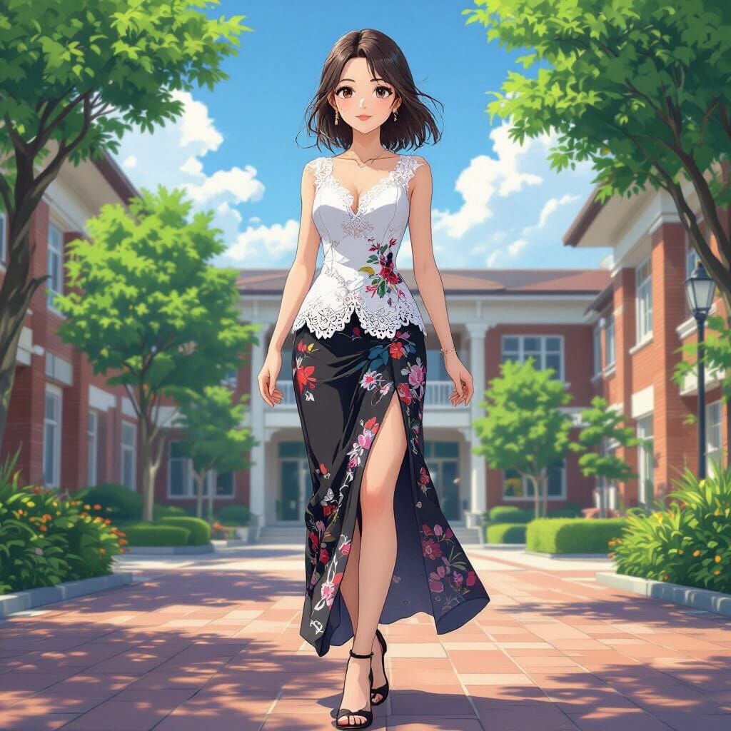 Anime Woman in Lace Kebaya Walking on Campus