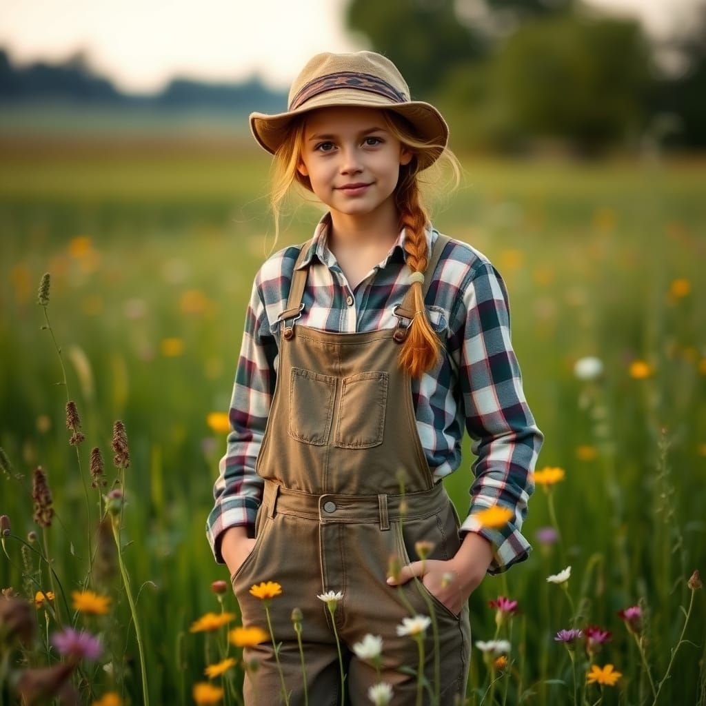 Rustic Farm Girl in Meadow, Soft Lighting