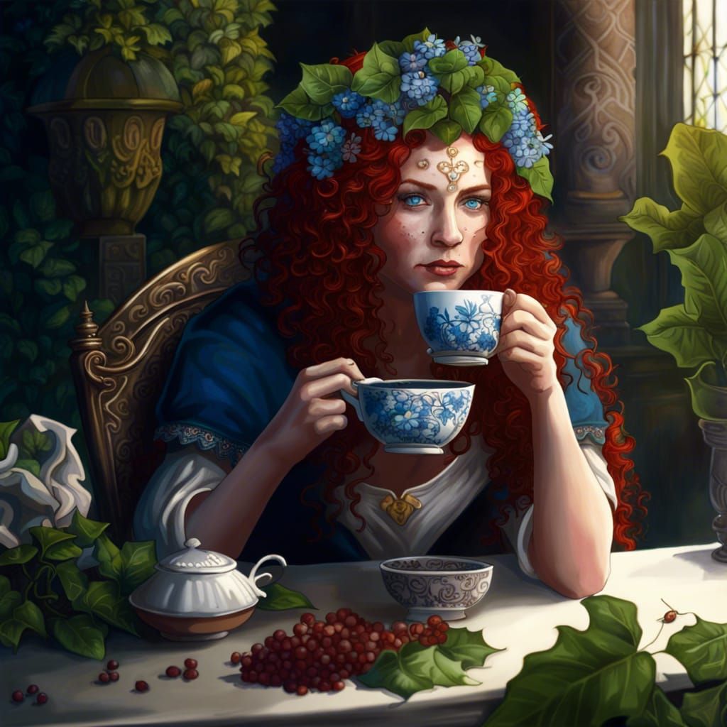 Woman with Floral Crown Drinks Coffee: Fantasy Art
