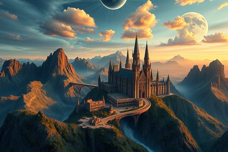 Ethereal Rivendell Skyline in Abstract Vector Art