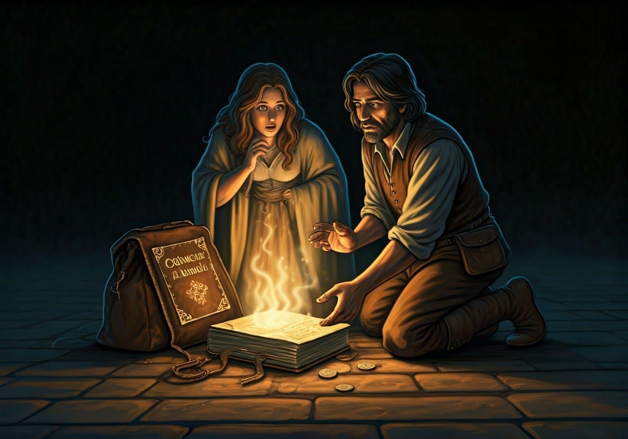 Fantasy Art: Man with Glowing Book and Coins