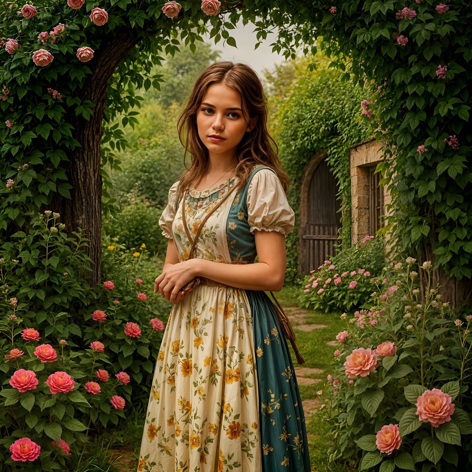 Young Woman in Cottage Garden: Photorealistic Image